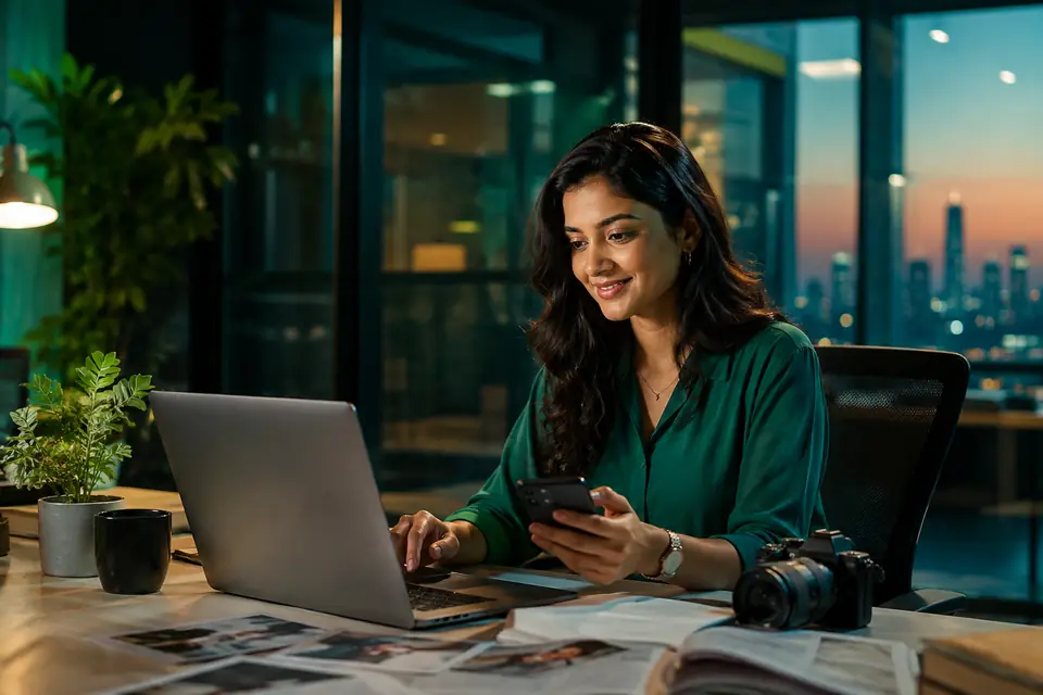 A digital professional working across a laptop, smartphone and camera