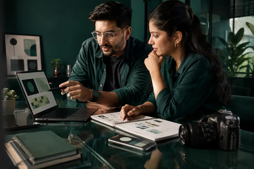 A mentor and learner reviewing a digital campaign together